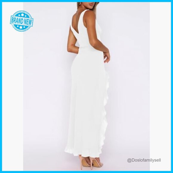 Sexy V Neck Backless Mesh Ruffle Hem Bodycon Maxi Dress Elegant Party - Picture 2 of 5